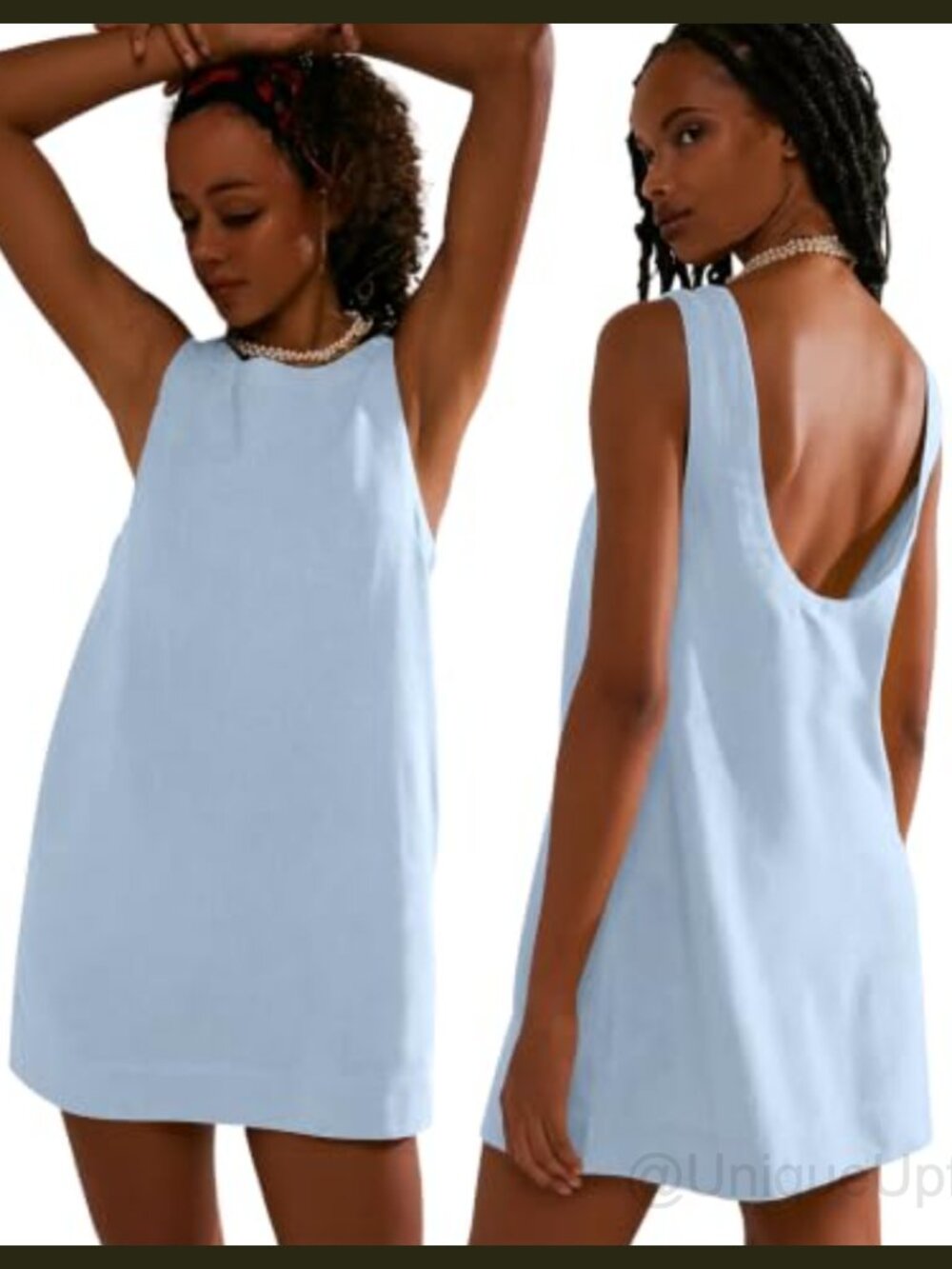 Womens Linen Mini Dress Boat Neck Low Back Sleeveless Tank with Pockets